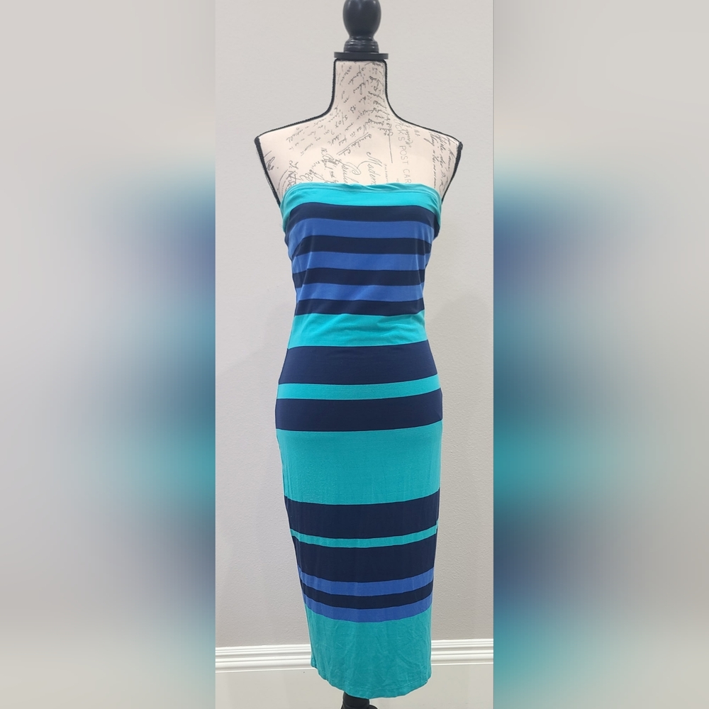 bebe Blue and Teal Striped Midi Dress
